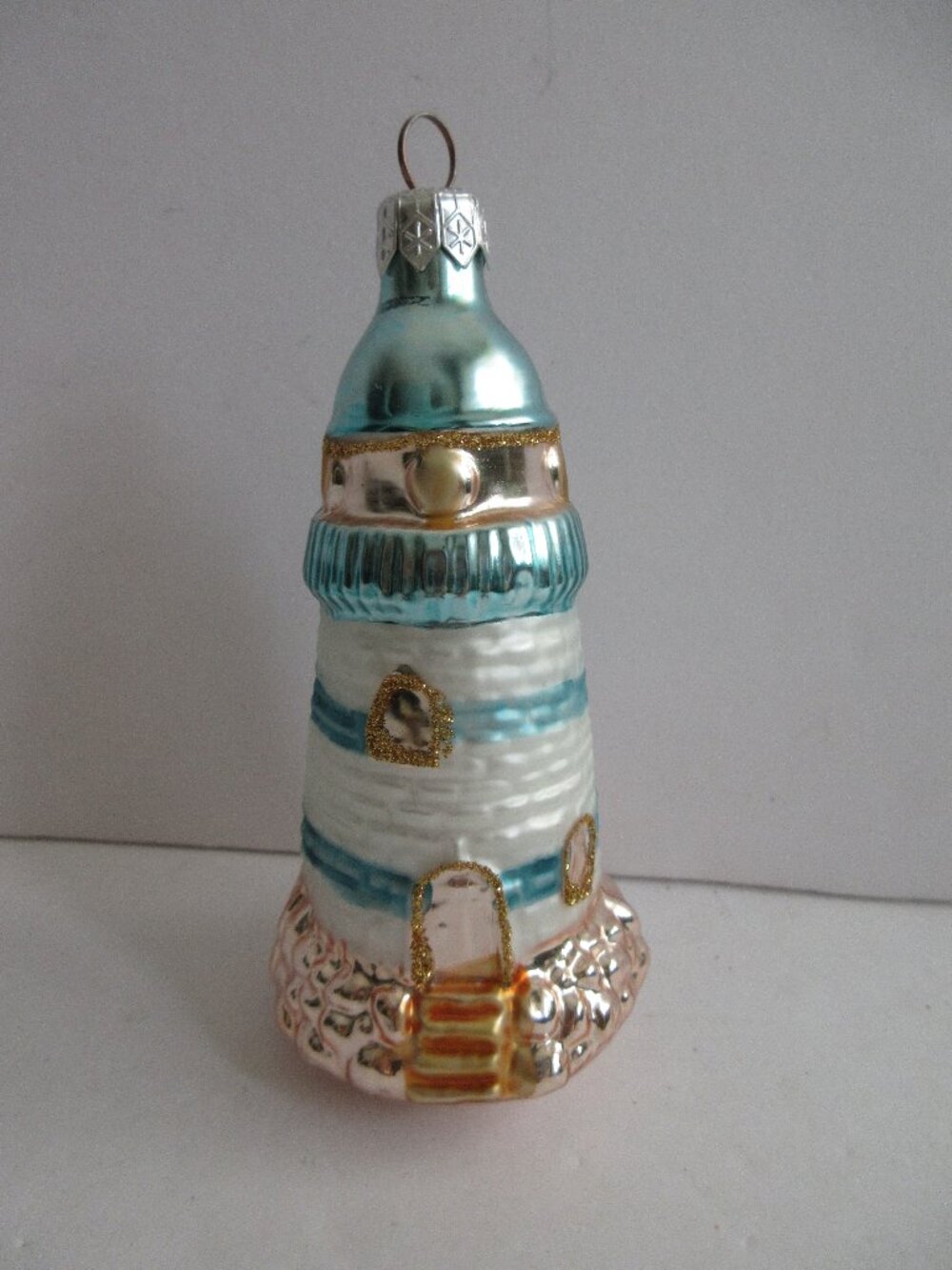 Glass Lighthouse Christmas Ornament w/Glitter Light Blue & Gold